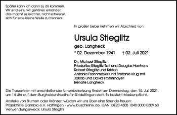 Traueranzeige von Ursula Stieglitz von Stuttgarter Zeitung / Stuttgarter Nachrichten