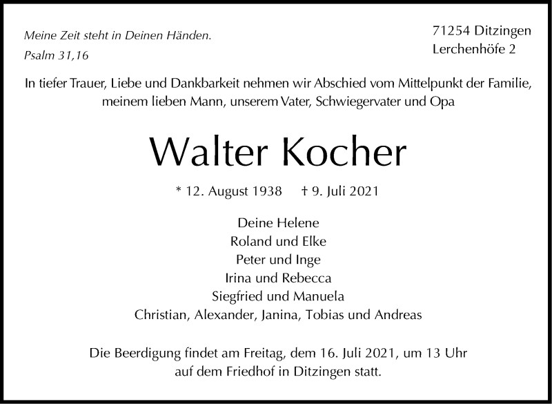  Traueranzeige für Walter Kocher vom 15.07.2021 aus Stuttgarter Zeitung / Stuttgarter Nachrichten
