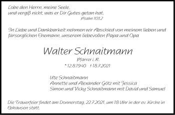 Traueranzeige von Walter Schnaitmann von Stuttgarter Zeitung / Stuttgarter Nachrichten