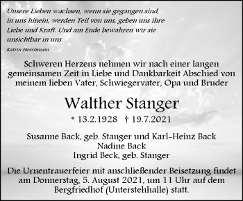 Traueranzeige von Walther Stanger von Stuttgarter Zeitung / Stuttgarter Nachrichten