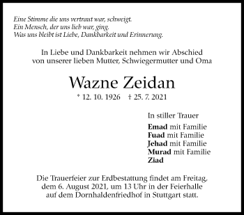 Traueranzeige von Wazne Zeidan von Stuttgarter Zeitung / Stuttgarter Nachrichten