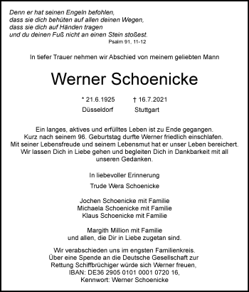 Traueranzeige von Werner Schoenicke von Stuttgarter Zeitung / Stuttgarter Nachrichten