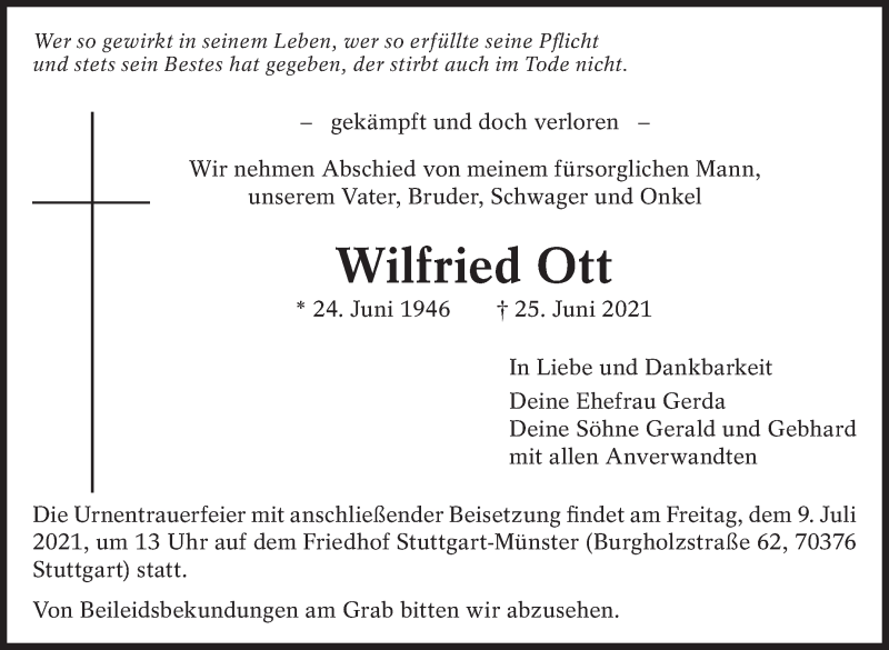  Traueranzeige für Wilfried Ott vom 02.07.2021 aus Stuttgarter Zeitung / Stuttgarter Nachrichten