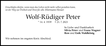 Traueranzeige von Wolf-Rüdiger Peter von Stuttgarter Zeitung / Stuttgarter Nachrichten
