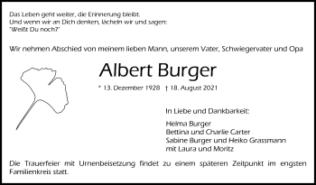 Traueranzeige von Albert Burger von Stuttgarter Zeitung / Stuttgarter Nachrichten