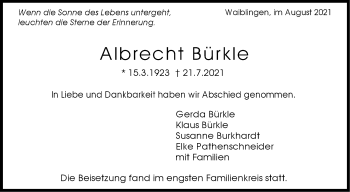 Traueranzeige von Albrecht Bürkle von Stuttgarter Zeitung / Stuttgarter Nachrichten