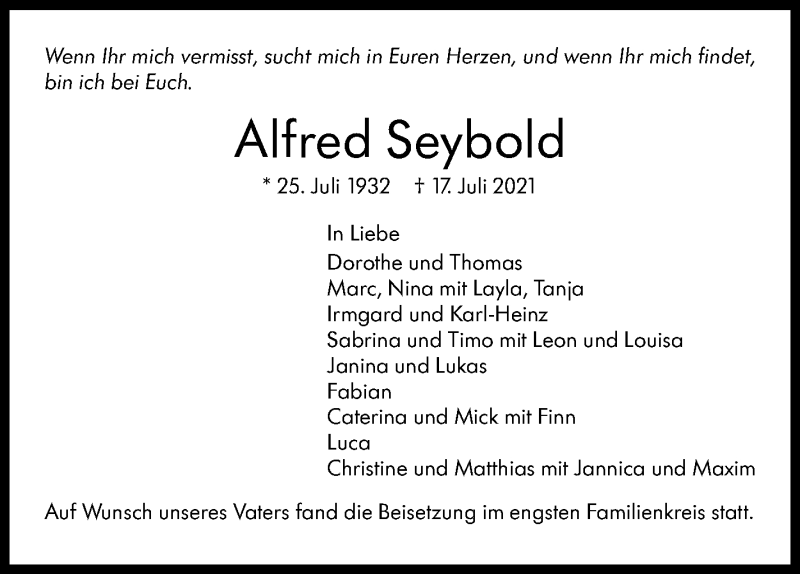  Traueranzeige für Alfred Seybold vom 07.08.2021 aus Stuttgarter Zeitung / Stuttgarter Nachrichten