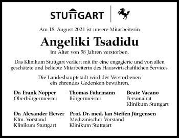 Traueranzeige von Angeliki Tsadidu von Stuttgarter Zeitung / Stuttgarter Nachrichten