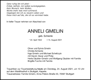 Traueranzeige von Anneli Gmelin von Stuttgarter Zeitung / Stuttgarter Nachrichten