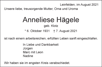 Traueranzeige von Anneliese Hägele von Stuttgarter Zeitung / Stuttgarter Nachrichten
