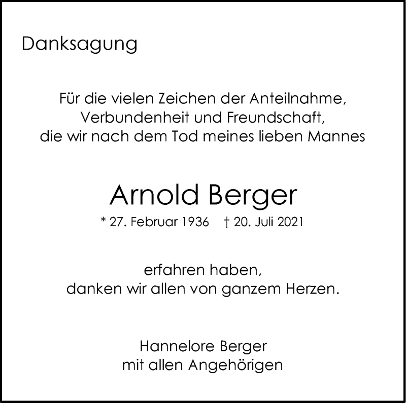  Traueranzeige für Arnold Berger vom 14.08.2021 aus Stuttgarter Zeitung / Stuttgarter Nachrichten