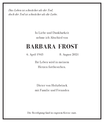 Traueranzeige von Barbara Frost von Stuttgarter Zeitung / Stuttgarter Nachrichten
