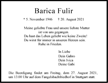 Traueranzeige von Barica Fulir von Stuttgarter Zeitung / Stuttgarter Nachrichten