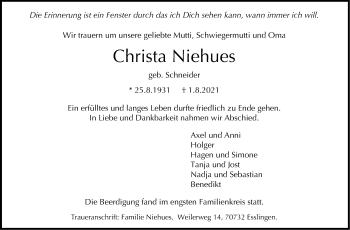 Traueranzeige von Christa Niehues von Stuttgarter Zeitung / Stuttgarter Nachrichten