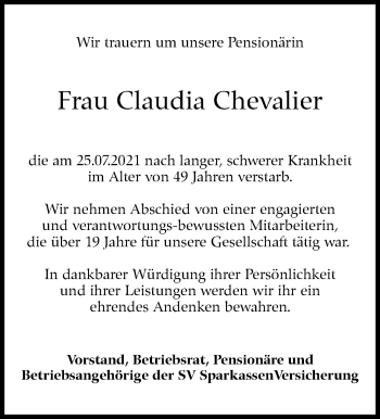 Traueranzeige von Claudia Chevalier von Stuttgarter Zeitung / Stuttgarter Nachrichten