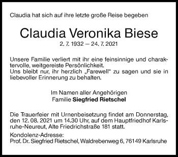 Traueranzeige von Claudia Veronika Biese von Stuttgarter Zeitung / Stuttgarter Nachrichten