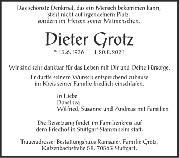Traueranzeige von Dieter Grotz von Stuttgarter Zeitung / Stuttgarter Nachrichten