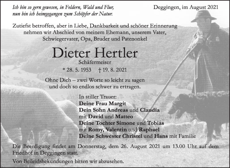  Traueranzeige für Dieter Hertler vom 24.08.2021 aus Stuttgarter Zeitung / Stuttgarter Nachrichten