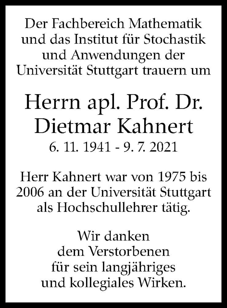  Traueranzeige für Dietmar Kahnert vom 14.08.2021 aus Stuttgarter Zeitung / Stuttgarter Nachrichten