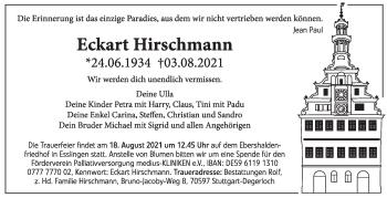 Traueranzeige von Eckart Hirschmann von Stuttgarter Zeitung / Stuttgarter Nachrichten