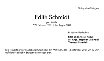 Traueranzeige von Edith Schmidt von Stuttgarter Zeitung / Stuttgarter Nachrichten