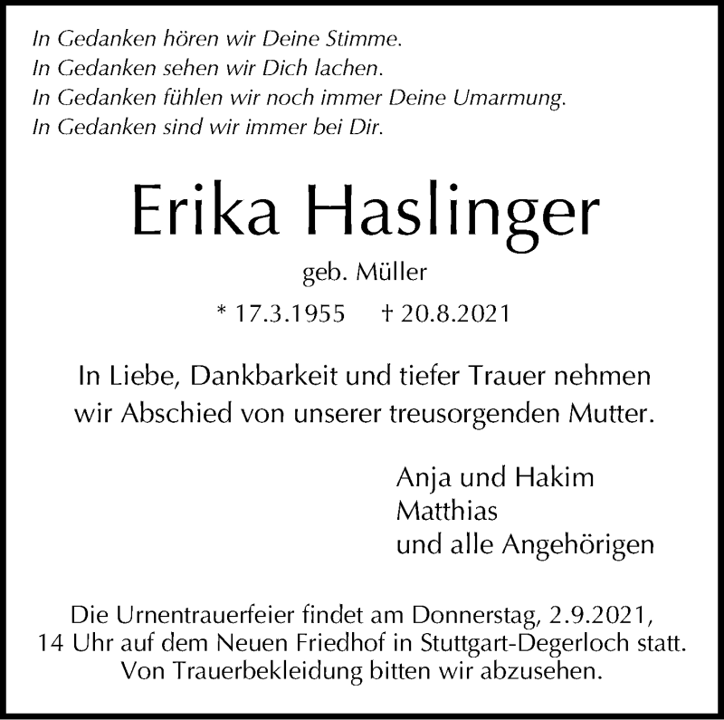  Traueranzeige für Erika Haslinger vom 28.08.2021 aus Stuttgarter Zeitung / Stuttgarter Nachrichten