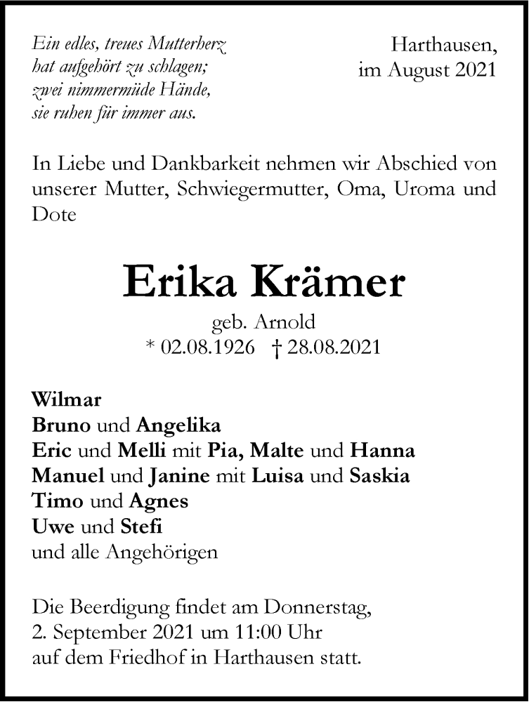  Traueranzeige für Erika Krämer vom 31.08.2021 aus Stuttgarter Zeitung / Stuttgarter Nachrichten