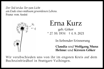 Traueranzeige von Erna Kurz von Stuttgarter Zeitung / Stuttgarter Nachrichten