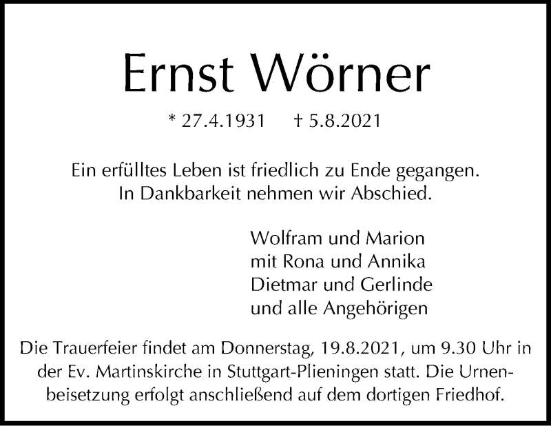  Traueranzeige für Ernst Wörner vom 14.08.2021 aus Stuttgarter Zeitung / Stuttgarter Nachrichten