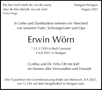 Traueranzeige von Erwin Wörn von Stuttgarter Zeitung / Stuttgarter Nachrichten
