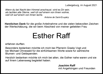 Traueranzeige von Esther Raff von Stuttgarter Zeitung / Stuttgarter Nachrichten