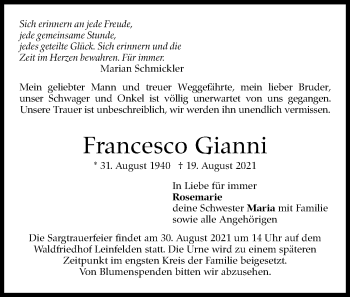 Traueranzeige von Francesco Gianni von Stuttgarter Zeitung / Stuttgarter Nachrichten