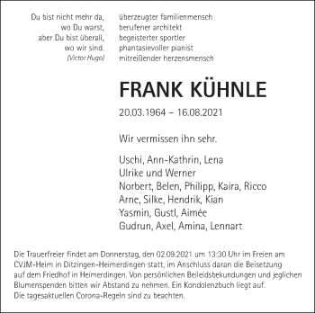 Traueranzeige von Frank Kühnle von Stuttgarter Zeitung / Stuttgarter Nachrichten