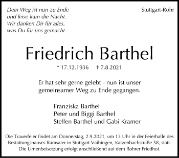Traueranzeige von Friedrich Barthel von Stuttgarter Zeitung / Stuttgarter Nachrichten