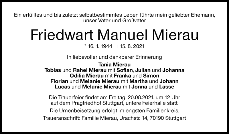  Traueranzeige für Friedwart Manuel Mierau vom 18.08.2021 aus Stuttgarter Zeitung / Stuttgarter Nachrichten