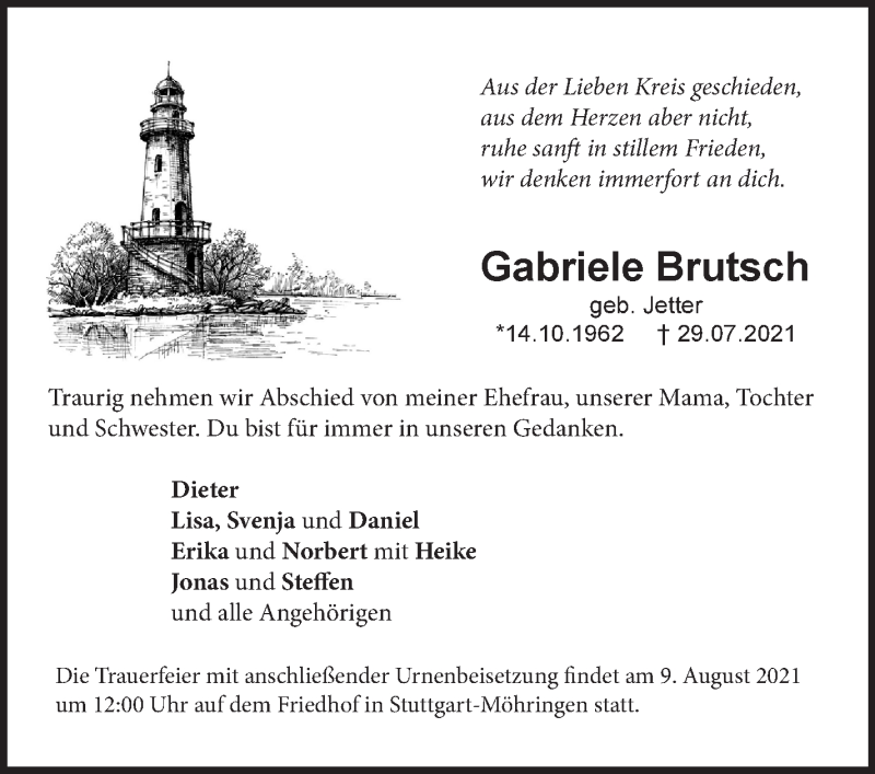  Traueranzeige für Gabriele Brutsch, vom 06.08.2021 aus Stuttgarter Zeitung / Stuttgarter Nachrichten