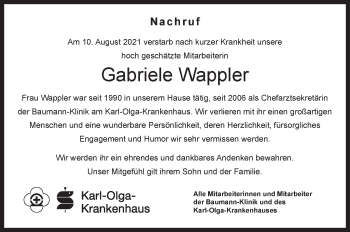Traueranzeige von Gabriele Wappler von Stuttgarter Zeitung / Stuttgarter Nachrichten