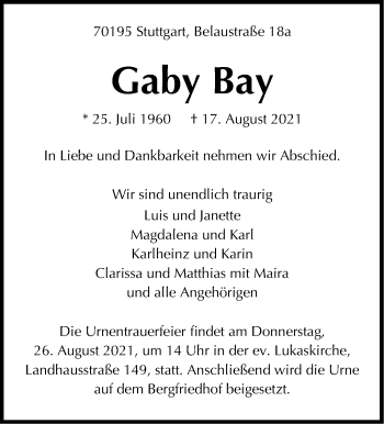Traueranzeige von Gaby Bay von Stuttgarter Zeitung / Stuttgarter Nachrichten