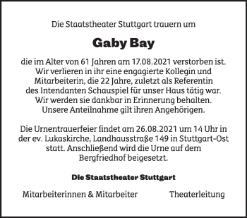 Traueranzeige von Gaby Bay von Stuttgarter Zeitung / Stuttgarter Nachrichten
