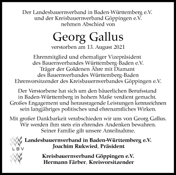 Traueranzeige von Georg Gallus von Stuttgarter Zeitung / Stuttgarter Nachrichten