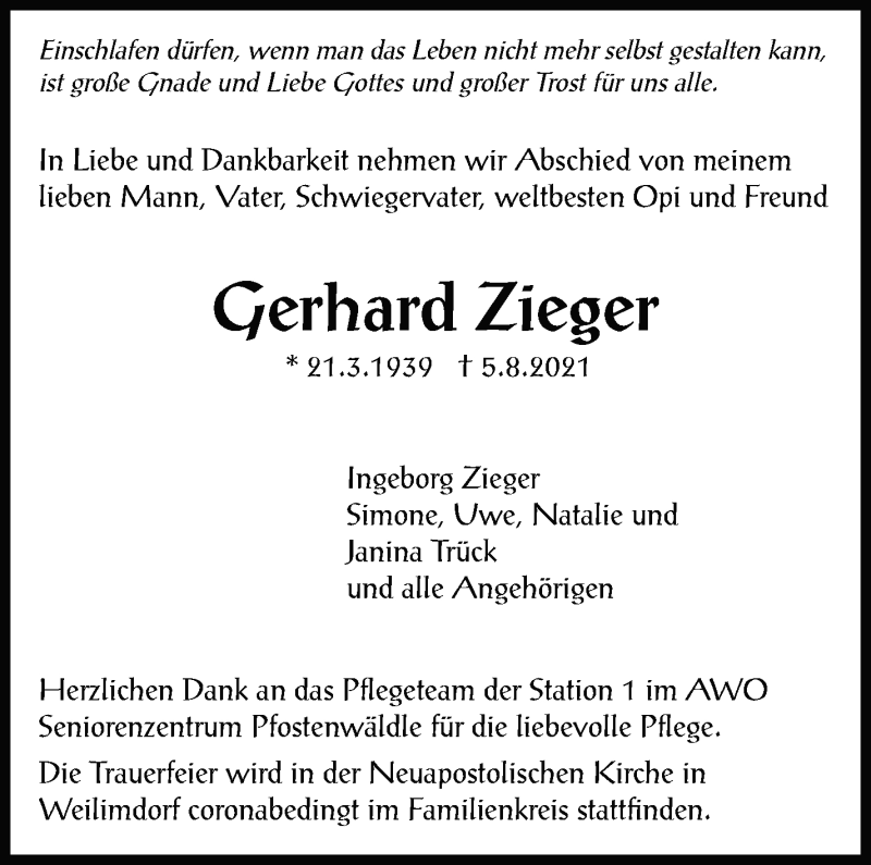  Traueranzeige für Gerhard Zieger vom 10.08.2021 aus Stuttgarter Zeitung / Stuttgarter Nachrichten