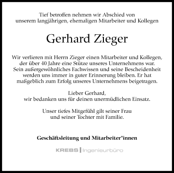 Traueranzeige von Gerhard Zieger von Stuttgarter Zeitung / Stuttgarter Nachrichten
