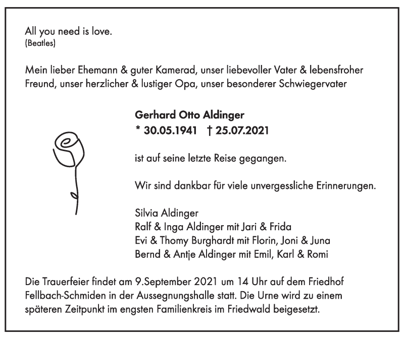 Traueranzeige für Gerhard Otto Aldinger vom 20.08.2021 aus Stuttgarter Zeitung / Stuttgarter Nachrichten