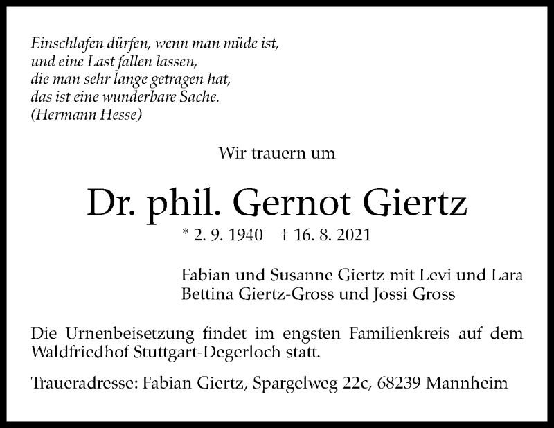  Traueranzeige für Gernot Giertz vom 21.08.2021 aus Stuttgarter Zeitung / Stuttgarter Nachrichten