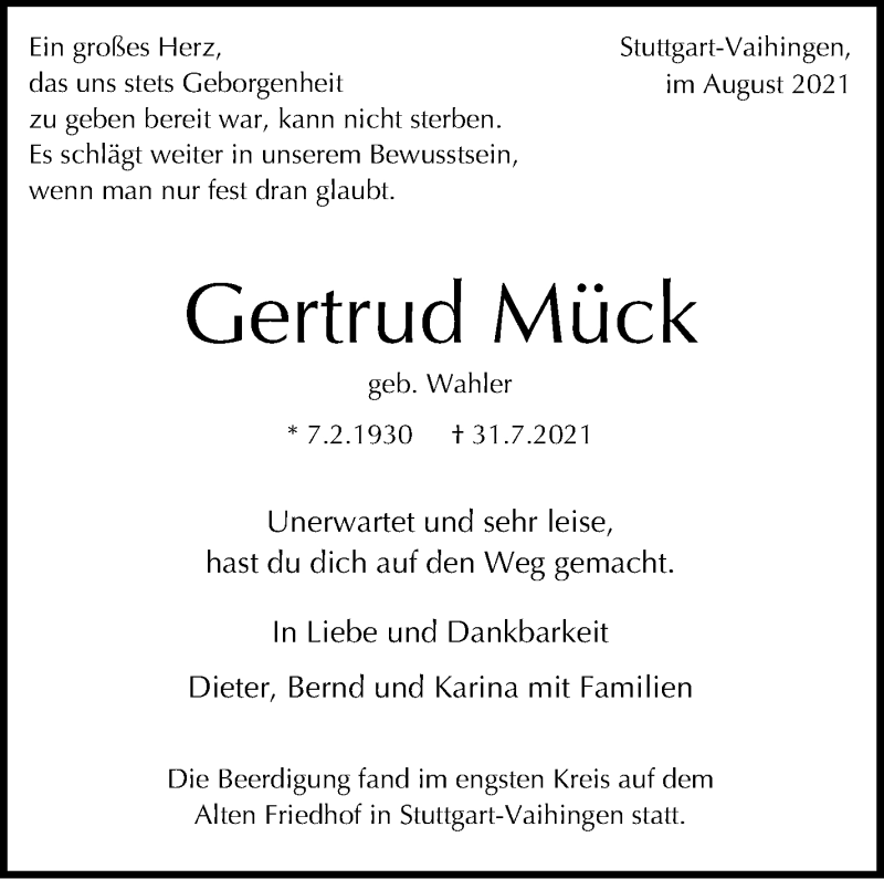 Traueranzeige für Gertrud Mück vom 07.08.2021 aus Stuttgarter Zeitung / Stuttgarter Nachrichten