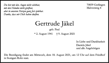 Traueranzeige von Gertrude Jäkel von Stuttgarter Zeitung / Stuttgarter Nachrichten