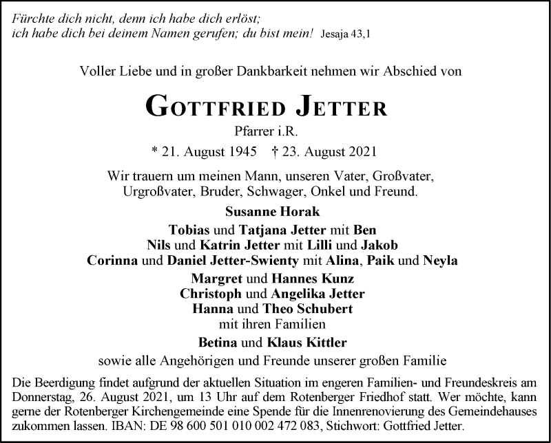  Traueranzeige für Gottfried Jetter vom 25.08.2021 aus Stuttgarter Zeitung / Stuttgarter Nachrichten
