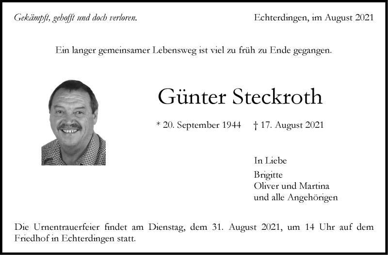 Traueranzeige für Günter Steckroth vom 27.08.2021 aus Stuttgarter Zeitung / Stuttgarter Nachrichten