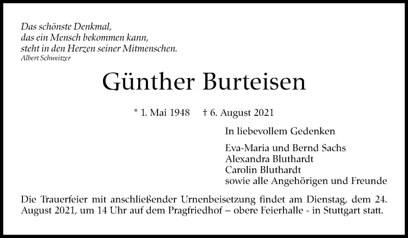  Traueranzeige für Günther Burteisen vom 14.08.2021 aus Stuttgarter Zeitung / Stuttgarter Nachrichten