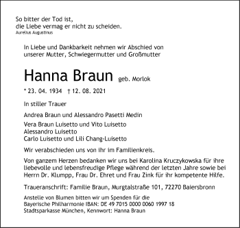Traueranzeige von Hanna Braun von Stuttgarter Zeitung / Stuttgarter Nachrichten